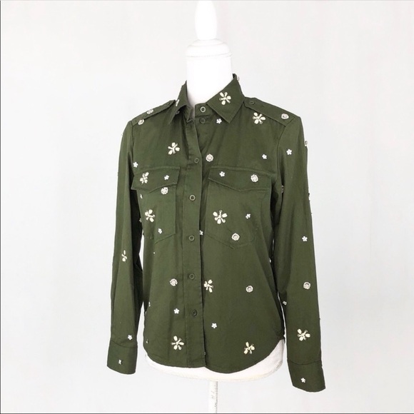 Joie bead embellished military olive green Hayfa shirt button down top XS - Picture 7 of 12